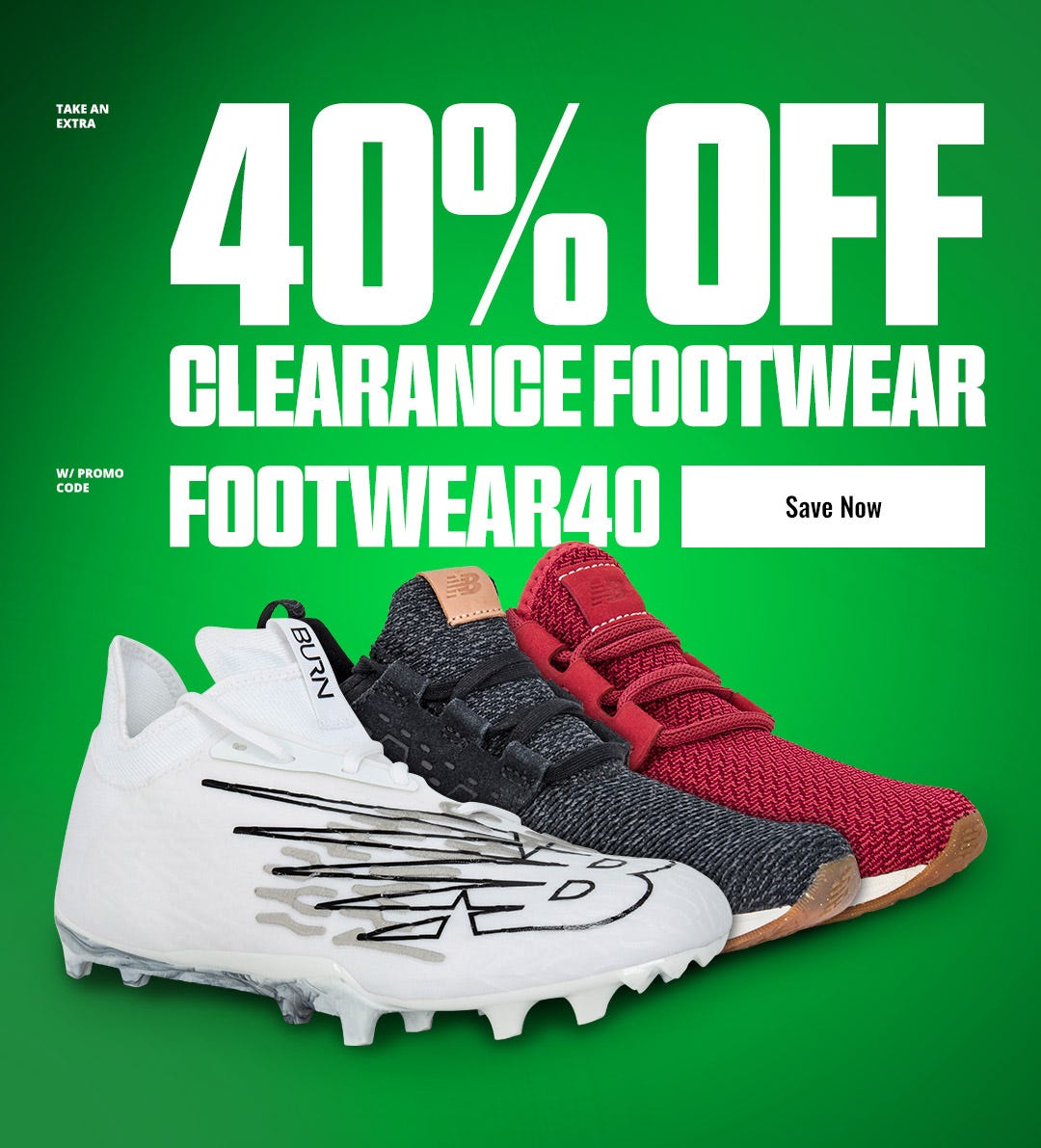 Take an extra 40% off clearance footwear with promo code FOOTWEAR40