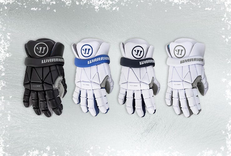 Warrior Evo Lacrosse Gloves - '22 Model on an icy background